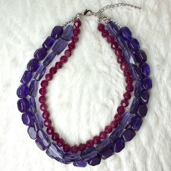 Triple Strand Beaded Necklace in Purple - Picture 3 of 5